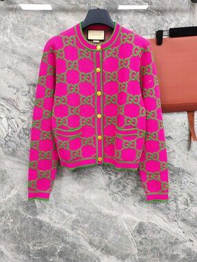 Gucci Pink & Green GG Logo Knit Cardigan with Gold Buttons